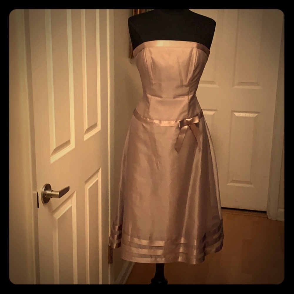Strapless Satin Tea-Length Dress in Champagne